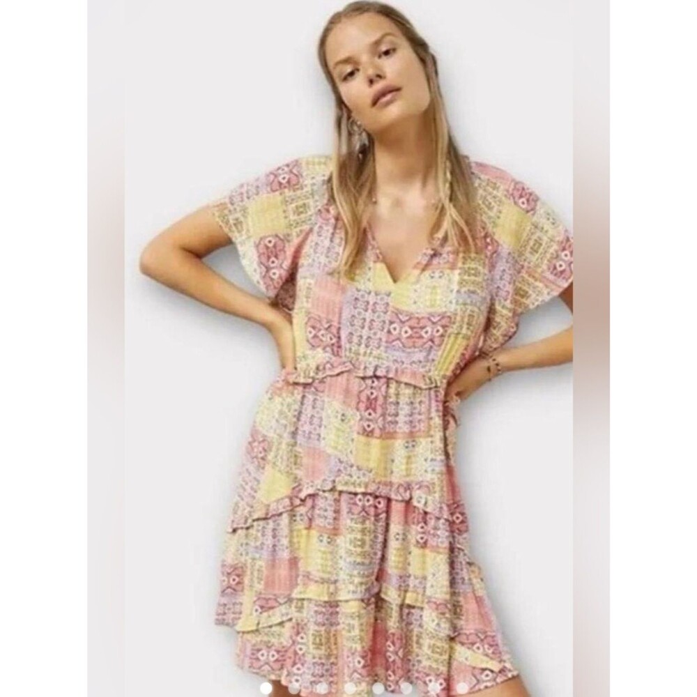 Anthropologie Patchwork Boho Mini Robin Dress L Mix Print Ruffle Babydoll Tunic